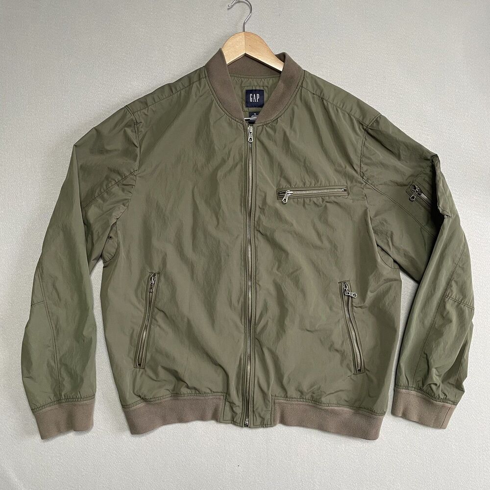 Vintage GAP Jacket Mens XL Green Nylon Bomber Full Zip Pockets 2000s Y2K
